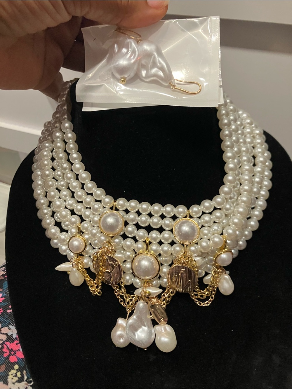 Multi-Strand Pearl Statement Necklace with Gold Accents - White